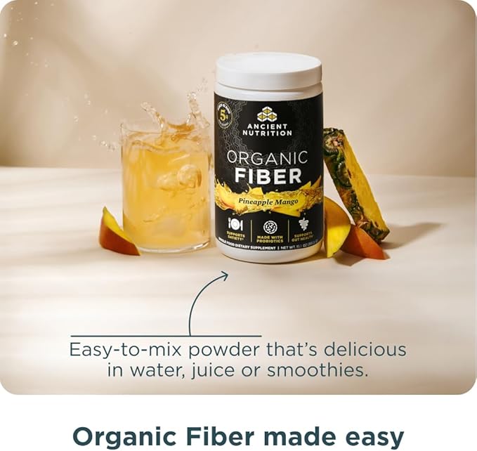 Ancient Nutrition Organic Fiber Powder, Pineapple Mango, Soluble Fiber from Acacia & Konjac Root, Supports Digestive Health, Reduces Bloating, 13.5 oz