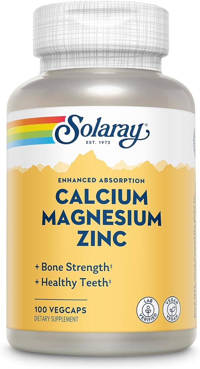 SOLARAY Calcium Magnesium Zinc Supplement - with Calcium 1000mg, Magnesium 500mg - Bone Health, Muscle Function, Heart Health and Immune Support - Vegan, 60 Day Guarantee, 25 Servings, 100 VegCaps