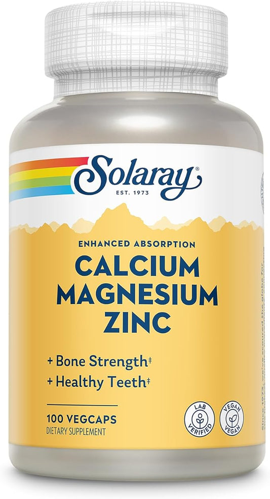 SOLARAY Calcium Magnesium Zinc Supplement - with Calcium 1000mg, Magnesium 500mg - Bone Health, Muscle Function, Heart Health and Immune Support - Vegan, 60 Day Guarantee, 25 Servings, 100 VegCaps