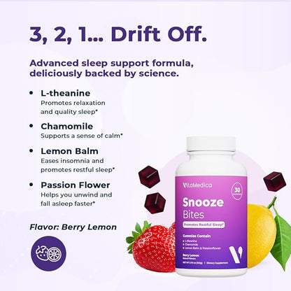 VitaMedica Snooze Sleep Gummies - Melatonin-Free, Zero Grogginess - L-Theanine, Chamomile, Passionflower & Lemon Balm - Sleep Aid Gummies for Adults - 30 Count