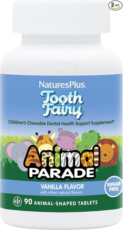 Natures Plus Animal Parade Tooth Fairy Children's Chewables - Natural Vanilla Flavor - 90 Animal-Shaped Tablets, Pack of 2 - Dental Health Supplement - Vegetarian, Gluten Free - 90 Total Servings