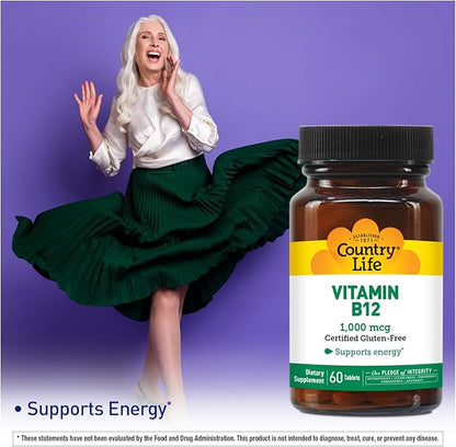 Country Life Vitamin B12 Supplement - Essential for Brain Function, Nerve Health, Red Blood Cells - Ideal for Anemia Prevention - Vegan Vitamin B, 1000 mcg - Gluten-Free, 60 Tablets