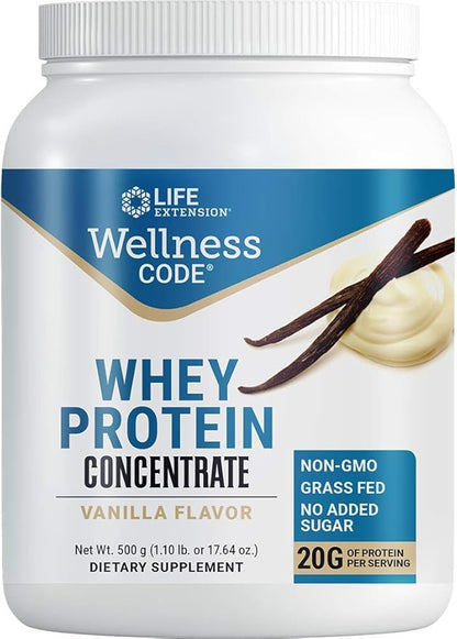 Life Extension Wellness Code Whey Protein Concentrate 20g Muscle Growth & Immune Health - Sourced From Grass-Fed, Free-Range, Hormone-Free Cows, Non-GMO, No Added Sugar, Vanilla- 500g