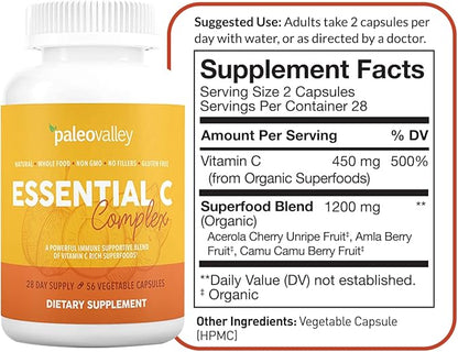 Paleovalley Essential C Complex - Vitamin C Supplement for Immune Support - 3 Pack, 450mg - From Organic Superfoods Unripe Acerola Cherry, Camu Camu, Amla Berry - No Synthetic Ascorbic Acid - USA Made