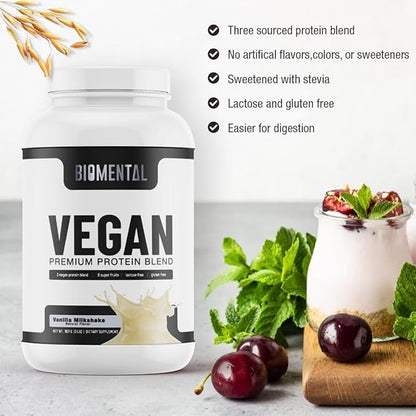 Biomental Vegan Protein Powder - Vanilla - Gluten-Free - Non-GMO - Plant-Based Protein - Supports Weight Loss & Muscle Growth - Enhanced Absorption - Perfect for Men & Women - 2 lbs