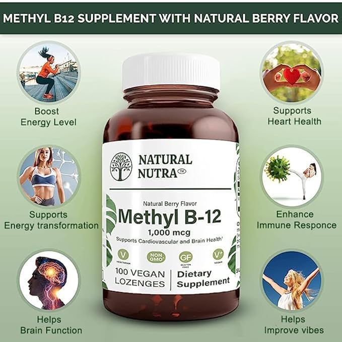 Natural Nutra Vegan Methyl B12 1000mcg, Heart Health and Energy Booster Supplement, Gluten Free, Support Energy Transformation, Enhance Immune Response, Help Brain Function, 100 Vegan Lozenges