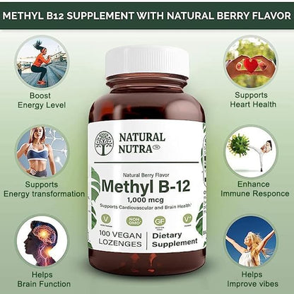 Natural Nutra Vegan Methyl B12 1000mcg, Heart Health and Energy Booster Supplement, Gluten Free, Support Energy Transformation, Enhance Immune Response, Help Brain Function, 100 Vegan Lozenges