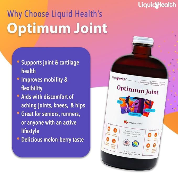 LIQUIDHEALTH Optimum Joint Support Supplement with Glucosamine Chondroitin MSM Hyaluronic Acid - Triple Strength Liquid Vitamins, Gluten-Free, Sugar-Free, Dairy-Free, Soy-Free Joint Juice (4pack)