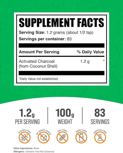 BulkSupplements.com Activated Charcoal Powder - Coconut Charcoal, Charcoal Powder for Teeth Whitening - Activated Charcoal Odor Absorber, Vegan & Gluten Free - 1200mg per Serving, 100g (3.5 oz)