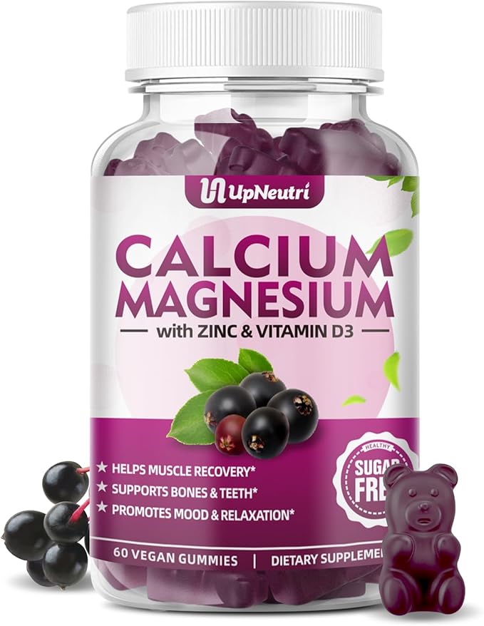 Calcium Magnesium Zinc with Vitamin D3 Supplement, Sugar Free Calcium Gummies for Women Men, High Absorption Zinc Gummies for Bone & Muscle & Immune Health, Vegan Elderberry Flavor - 60 Count