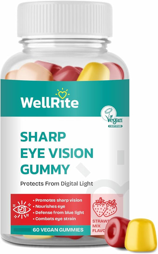 Sharp Eye Vision Gummy Vitamins, 60 Count, Strawberry Mix Flavored, Vegan, Gelatin Free, Gluten Free, Nut Free, Promotes Sharp Vision, Defense from Blue/Digital Light, Combats Eye Strain