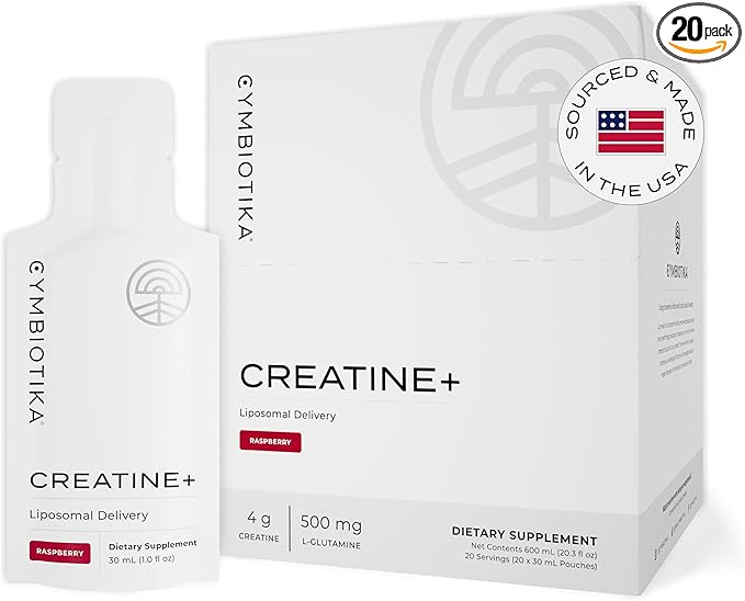 CYMBIOTIKA Creatine+, Creatine and Glutamine Supplement for Amino Energy, Recovery, Muscle Mass & Brain Support, Liposomal Delivery, Gluten Free & Vegan, Raspberry Flavor - 30ml Pouches (Pack of 20)