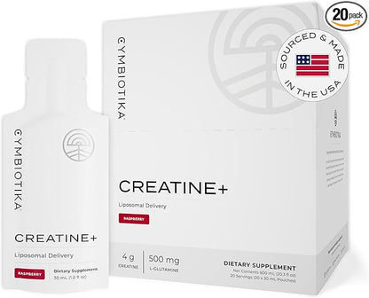 CYMBIOTIKA Creatine+, Creatine and Glutamine Supplement for Amino Energy, Recovery, Muscle Mass & Brain Support, Liposomal Delivery, Gluten Free & Vegan, Raspberry Flavor - 30ml Pouches (Pack of 20)
