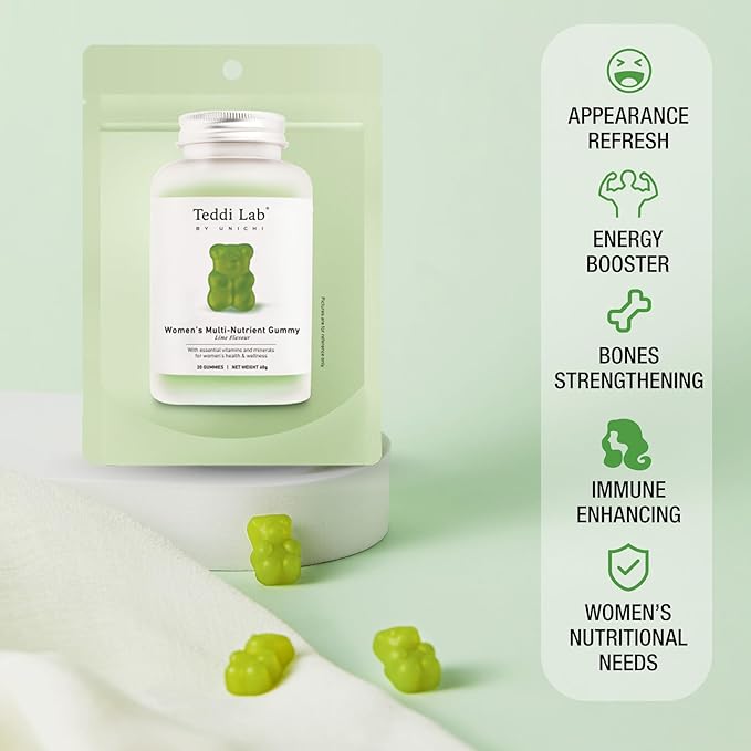 Unichi Women’s Multi-Nutrient Gummy 20 Count, 18 Essential Vitamins & Minerals Specially Designed for Women to Improve Overall Vitality, Non-GMO, Lime Flavour