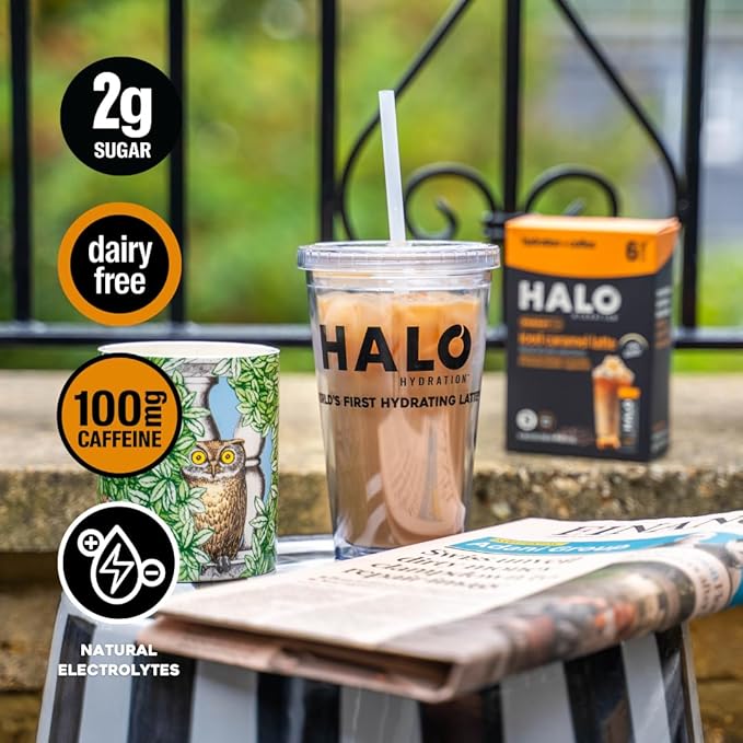 HALO Iced Caramel Latte - Energy Drink Powder – Healthy Coffee Mix for Hydration with Electrolytes, Caffeine, Vitamins and Minerals - 20 Calories - Keto and Low Calorie - 1 x 12 Sticks