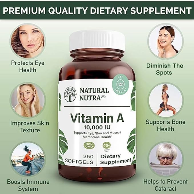Natural Nutra Vitamin A 10,000 IU Softgels – High Potency Eye and Skin Vitamins – Gluten-Free Vitamin A Supplement for Sight & Skin Health – Fish Liver Oil for Men and Women, Gluten Free 250 Softgels