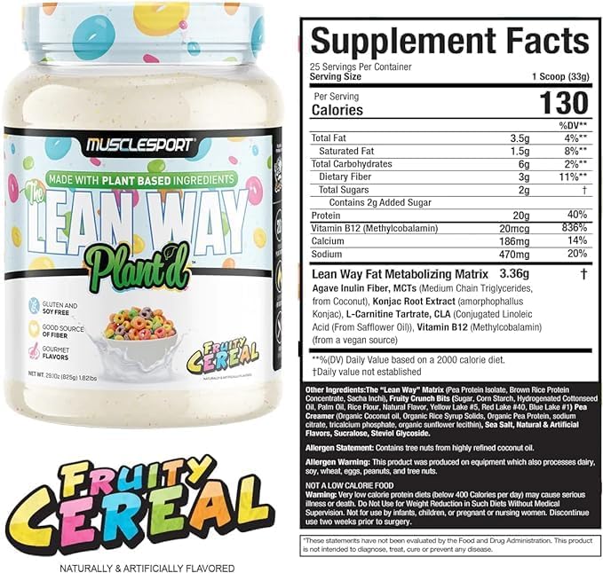 Musclesport Lean Way Plant Protein - Pea Protein and Brown Rice Protein Blend, with Added CLA, MCT and L-Carnitine - 20 Servings (Fruity Cereal)