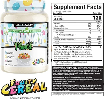 Musclesport Lean Way Plant Protein - Pea Protein and Brown Rice Protein Blend, with Added CLA, MCT and L-Carnitine - 20 Servings (Fruity Cereal)