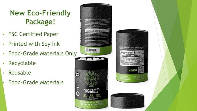 SOLID ROOTS Vegan Vitamin D3 + K2 +B12 for Bones, Heart, Skin, Teeth Plant-Based Multivitamin Essentials