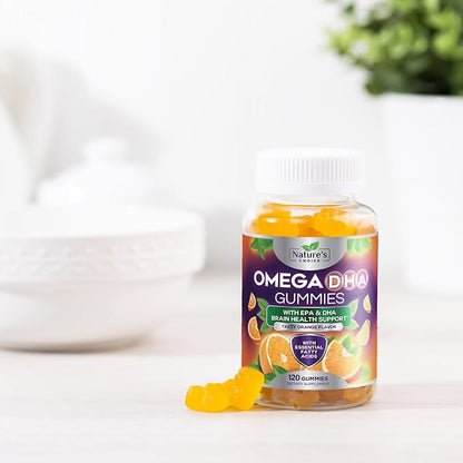 Omega 3 Fish Oil Gummies - Triple Strength Omega 3 Gummy Vitamins, High Absorption EPA & DHA Fatty Acids, for Heart Health & Brain Support, Nature's Fish Oil Supplement, Orange Flavor - 120 Gummies