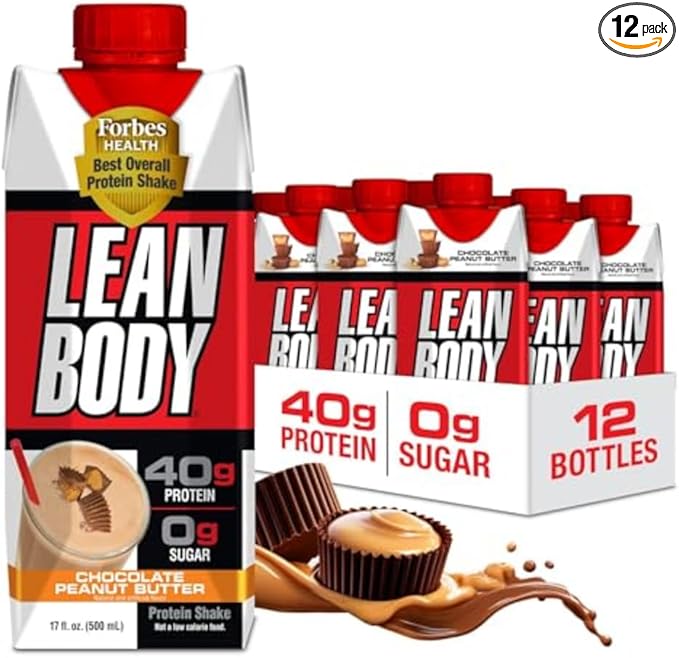 Lean Body Ready-to-Drink Protein Shake, 40g Protein, Whey Blend, 0 Sugar, Gluten Free, 22 Vitamins & Minerals, (Recyclable Carton & Lid - Pack of 12) LABRADA (Chocolate Peanut Butter)