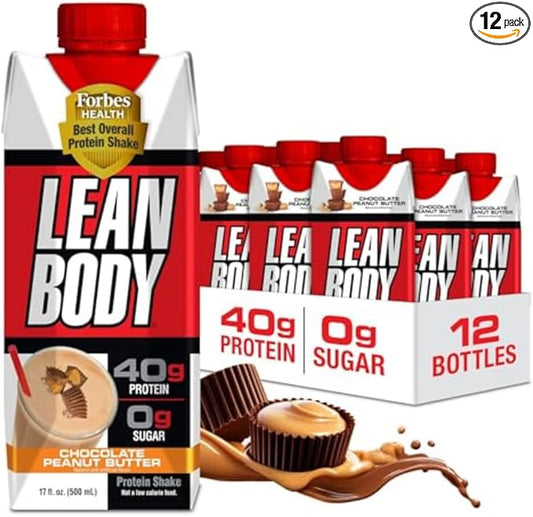 Lean Body Ready-to-Drink Protein Shake, 40g Protein, Whey Blend, 0 Sugar, Gluten Free, 22 Vitamins & Minerals, (Recyclable Carton & Lid - Pack of 12) LABRADA (Chocolate Peanut Butter)