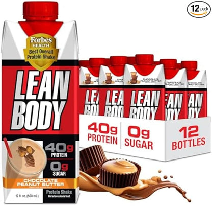 Lean Body Ready-to-Drink Protein Shake, 40g Protein, Whey Blend, 0 Sugar, Gluten Free, 22 Vitamins & Minerals, (Recyclable Carton & Lid - Pack of 12) LABRADA (Chocolate Peanut Butter)
