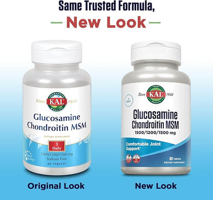 KAL Glucosamine Chondroitin MSM, Joint Support Supplement for Women and Men, 1500mg Glucosamine Sulfate, 1200mg Chondroitin, 1500mg MSM, Rapid Disintegration, 60-Day Guarantee, 20 Servings, 60 Tablets