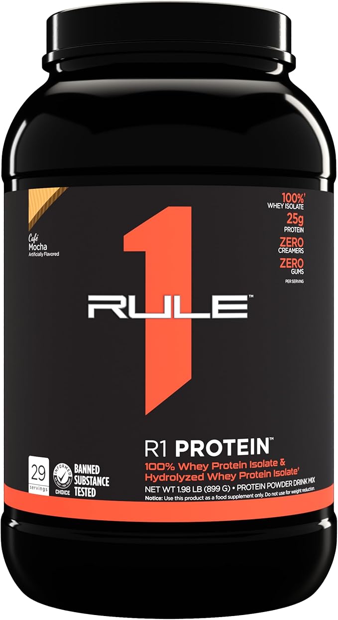 Rule One Proteins R1 Protein - 25g Fast-Acting, Super-Pure 100% Isolate and Hydrolysate Protein Powder with 6g BCAAs (2 Pounds*, Café Mocha)
