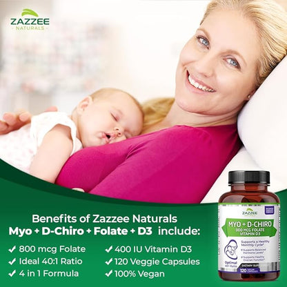 Zazzee Myo-Inositol + D-Chiro, with Folate (5-MTHF) + D3, 120 Vegan Capsules, Optimal 40:1 Inositol Ratio, 30 Day Supply, All-Natural, Non-GMO, Supports Hormone Balance and Ovulation, Made in The USA
