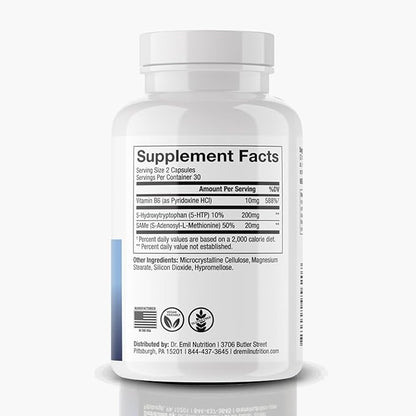 DR. EMIL NUTRITION 200 MG 5-HTP Plus with SAM-e to Maintain Normal Healthy Sleep and Create a Sense of Wellbeing - 5HTP Supplement with Vitamin B6-60 Vegan Capsules, 30 Servings