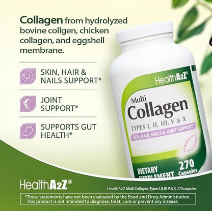 HealthA2Z® Multi Collagen Pills | 1735 mg | 270 Collagen Capsules | Types I, II, III, V & X | for Healthy Skin, Hair, Nails & Joint Support