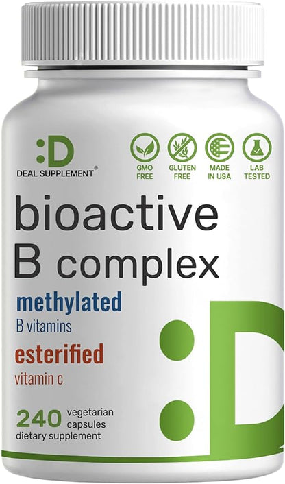 Bioactive Vitamin B Complex, 240 Veggie Capsules - Methylated Multivitamin B Complex & Esterified Vitamin C – High Potency & Easy Absorption – Immune, Energy, & Metabolism Supplement – Non-GMO