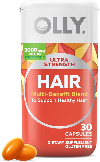 OLLY Ultra Strength Hair Softgels, Supports Hair Health, Biotin, Keratin, Vitamin D, B12, Hair Supplement, 30 Day Supply - 30 Count (Packaging May Vary)