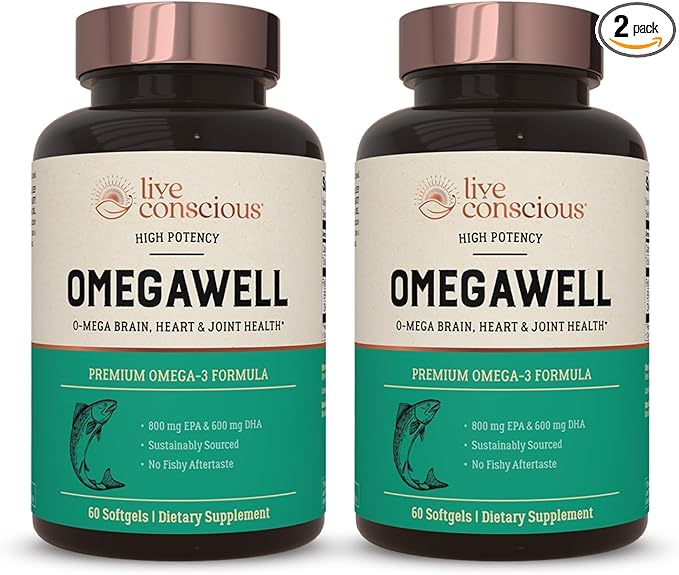 Live Conscious OmegaWell Fish Oil: Heart, Brain, and Joint Support | 800 mg EPA 600 mg DHA - Enteric-Coated, Sustainably Sourced - Easy to Swallow 120 Count (2-Pack)