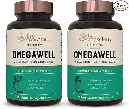 Live Conscious OmegaWell Fish Oil: Heart, Brain, and Joint Support | 800 mg EPA 600 mg DHA - Enteric-Coated, Sustainably Sourced - Easy to Swallow 120 Count (2-Pack)
