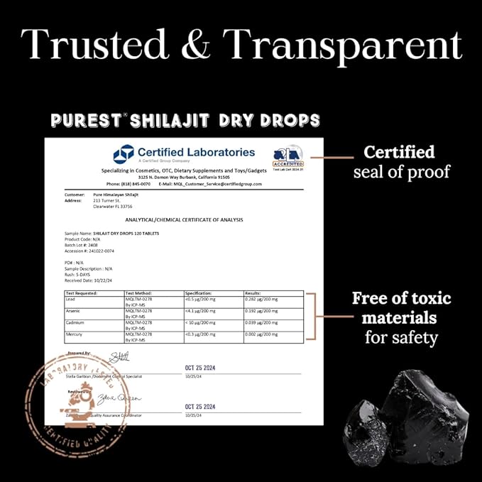 Pure Himalayan Shilajit Dry Drops, 100% Pure Natural Shilajit, Grade A, Max Potency 85+ Clean Trace Minerals & Fulvic Acid for Energy, Metabolism & Immune Support Supplement for Men & Women (120 tabs)