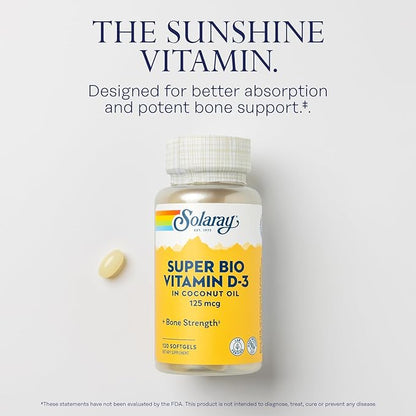 Solaray Super Bio Vitamin D3 in Coconut Oil - D3 Vitamin 5000 IU - Bone Health and Immune Support Supplement - Lab Verified, Made Wtihout Soy, 60-Day Guarantee - 120 Softgels, 120 Servings