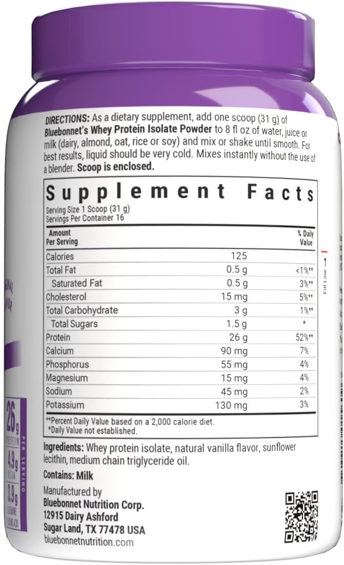 Bluebonnet Nutrition Whey Protein Isolate Powder from Grass Fed Cows, No Sugar Added, Gluten & Soy Free, Kosher Dairy, 17.6 Oz