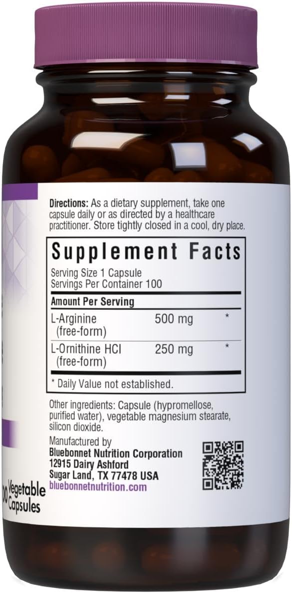Bluebonnet Nutrition L-Arginine 500mg/L-Orinithine 250mg, Supports Protein Metabolism*, Soy-Free, Gluten-Free, Non-GMO, Kosher Certified, Vegan, 100 Vegetable Capsules