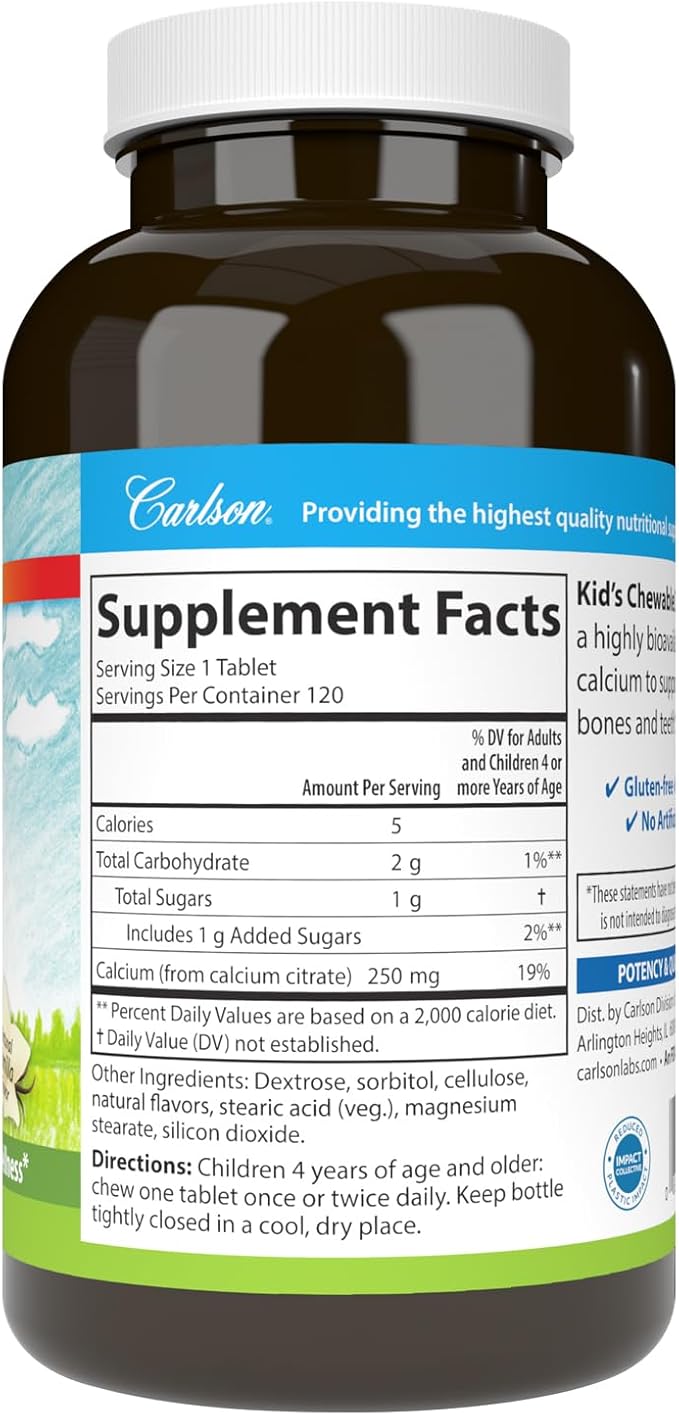Carlson - Kid's Chewable Calcium, 250 mg, Highly Absorbable, Bone & Teeth Support, Optimal Wellness, Natural Vanilla Flavor, 120 Tablets