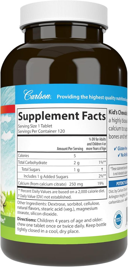 Carlson - Kid's Chewable Calcium, 250 mg, Highly Absorbable, Bone & Teeth Support, Optimal Wellness, Natural Vanilla Flavor, 120 Tablets