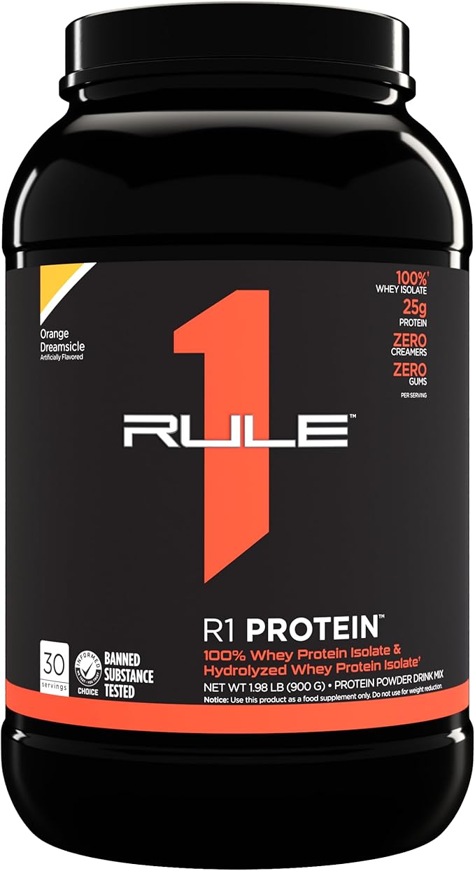 Rule One Proteins R1 Protein - 25g Fast-Acting, Super-Pure 100% Isolate and Hydrolysate Protein Powder with 6g BCAAs (2 Pounds*, Orange Dreamsicle)