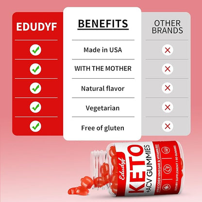 EDUDYF Keto ACV Gummies - 60 Count Gluten-Free, Gelatin-Free Apple Cider Vinegar Gummies with B12 for Keto Support, Vegetarian, Unique Flavor, Convenient Bottled Supplement for Men & Women