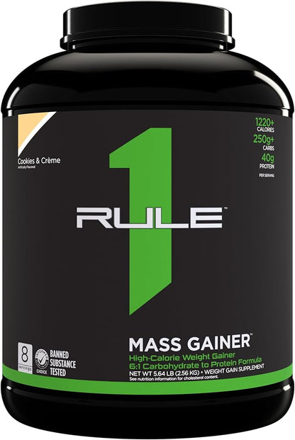 Rule One Proteins, R1 Mass Gainer - Cookies & Crème, High-Calorie Weight Gain Formula with 1,220+ Calories, 250g+ Complex Carb Blend, 40g All-Whey Protein, 8g Fat Per Serving, 6 Pounds, 8 Servings