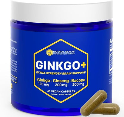 NATURAL STACKS Ginkgo Biloba Supplements w/Panax Ginseng and Bacopa Monnieri - Focus Supplement for Mental Performance, Brain Supplements for Adults, 60 Ginkgo Biloba Capsules