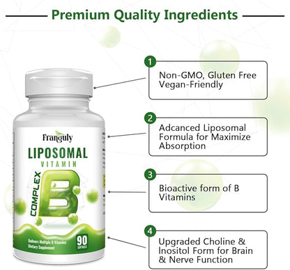 Active B Complex Liposomal B Vitamins with Choline Inositol, 90 Softgels High Potency B1, B2, B3, B5, B6, Biotin, Folate, Methylated B12- Immune, Energy, Brain Heart Support Supplements