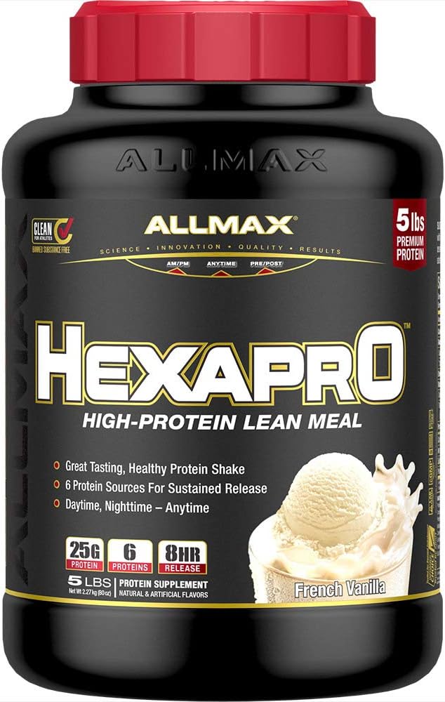 ALLMAX HEXAPRO, French Vanilla - 5 lb - 25 Grams of Protein Per Serving - 8-Hour Sustained Release - Zero Sugar - 52 Servings