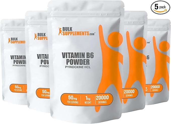 BulkSupplements.com Pyridoxine HCl Powder - Vitamin B6 Supplement, Vitamin B6 50mg - for Immune Support, Gluten Free, 50mg of Pyridoxine B6 per Serving, 5kg (11 lbs) (Pack of 5)