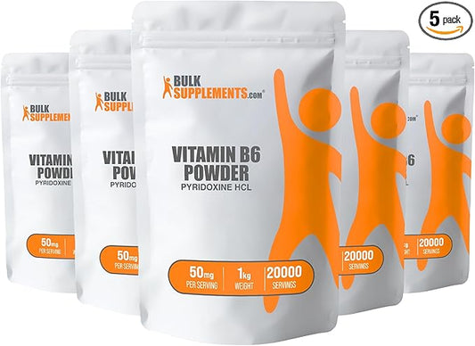 BulkSupplements.com Pyridoxine HCl Powder - Vitamin B6 Supplement, Vitamin B6 50mg - for Immune Support, Gluten Free, 50mg of Pyridoxine B6 per Serving, 5kg (11 lbs) (Pack of 5)
